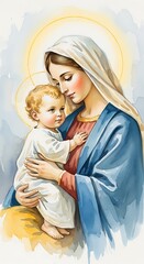 Madonna and Child Watercolor – Beautiful Hand-Painted Christian Art of Virgin Mary Holding Baby Jesus, Religious Religious Illustration