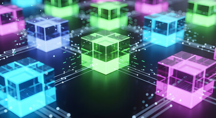 Vibrant holographic cubes pulse with data streams, representing futuristic technology and digital innovation.