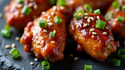 Delicious glazed chicken wings recipe with sesame seeds and green onions close up shot food photography