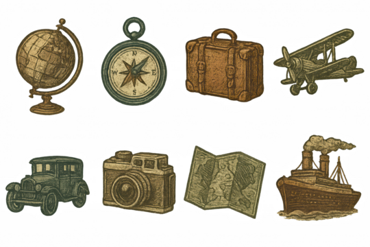 Vintage travel icons in sketch style featuring globe, compass, luggage, and transport elements