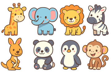 Cute cartoon safari and jungle animals in a charming pastel style for kids