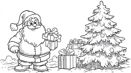 Black and white illustration of Santa Claus next to a decorated Christmas tree