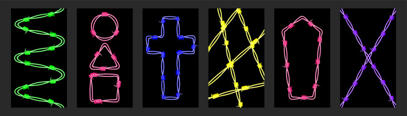 Vivid colors and barbed wire create a tense atmosphere. Symbolic shapes like crosses and coffins enhance the feeling of anxiety, reflecting chaotic emotions.