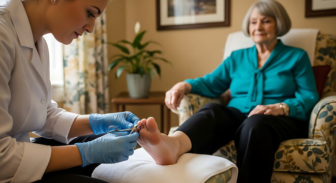 Professional caregiver providing gentle pedicure and foot care services to a senior woman at home