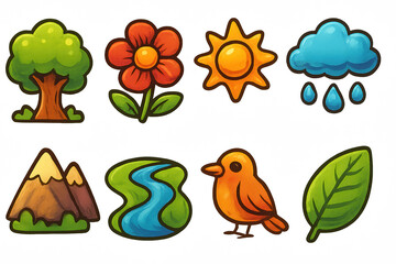 Naklejka premium Colorful cartoon nature icons: trees, flowers, sun, clouds, mountains, rivers, birds, leaves