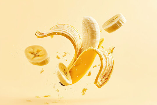 Banana slices and peels exploding mid-air with juice droplets, golden tones and sharp edges, creamy white high-contrast food shot
