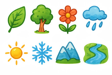 Eco-friendly nature icons set with hand-drawn effect for weather and environment themes