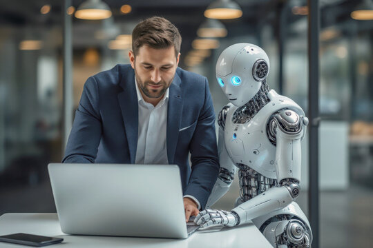 Man and AI humanoid robot using laptop work together and collaborating, symbolizing AI agent partnership help job and work with AI