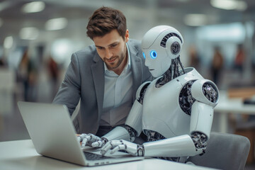 Man and AI humanoid robot using laptop work together and collaborating, symbolizing AI agent partnership help job and work with AI