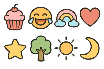 Fototapeta premium Charming doodle set featuring emoji, cupcake, rainbow, tree, and more