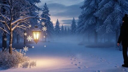 Enchanting winter scene with a solitary figure walking through a snowy landscape, illuminated by a - Powered by Adobe