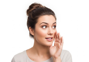 Fototapeta premium Young woman whispering a secret, hand cupped to her mouth, looking intrigued and excited.