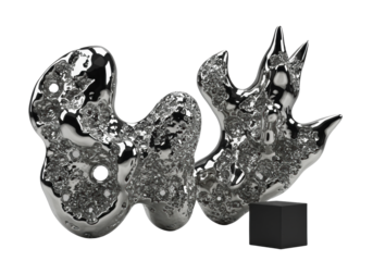 Three abstract chrome and liquid metal sculptures with organic/angular forms and a matte black cube in a minimalist studio, seamless transparent background, no shadows, concept of industrial luxury