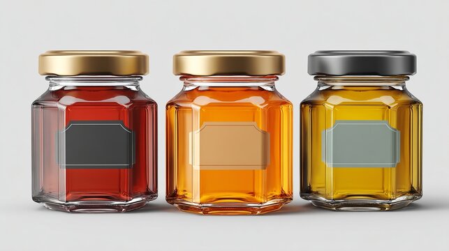 Three jars of different colored honey are lined up on a table
