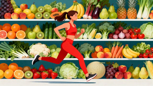 A woman running in front of a vibrant display of fresh fruits and vegetables - Powered by Adobe
