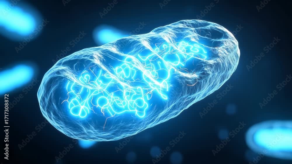 Poster mitochondria structures illuminated against a dark blue background showcasing intricate details of c