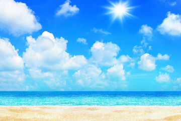 Sea beach, turquoise ocean water, paradise tropical island, beautiful exotic nature panorama landscape, golden sand, sun blue sky white clouds, summer holidays, vacation, travel banner, copy space