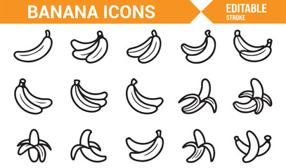 Vector line icons of bananas for food, nutrition, organic diet, and tropical fruit graphics © SAKINA
