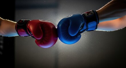 Boxer arm with a red glove and boxer arm with a blue glove touching. Sports rivalry and competition representation for boxing or martial arts.