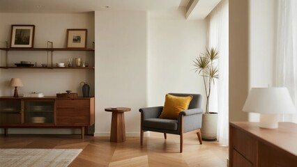 Modern living room with wooden furniture, armchair, and indoor plant