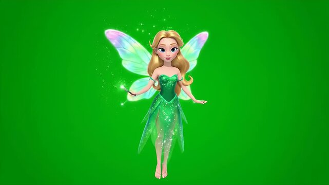 Animated Blonde Fairy Character in Short Sparkling Green Dress with Delicate Wings on a Green Screen Background