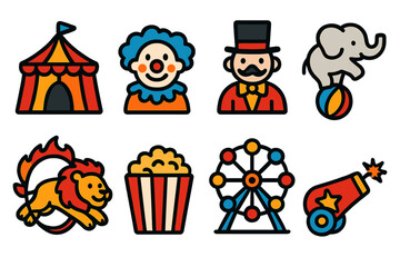 Vibrant circus icons featuring tent, clown, magician, elephant, lion, popcorn, ferris wheel, and cannon