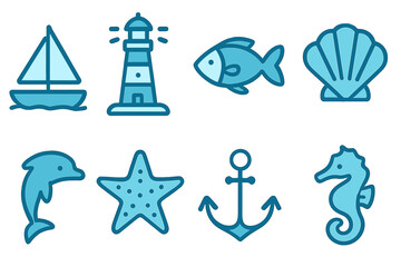Obraz premium Nautical icons with blue glow effect: sailboats, lighthouses, fish, and more