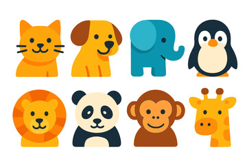 Obraz premium Colorful flat animal icons: cute pets and wildlife for kids' design projects