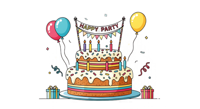 Festive Birthday Cake with Balloons and Decorations - A Celebration of Joy