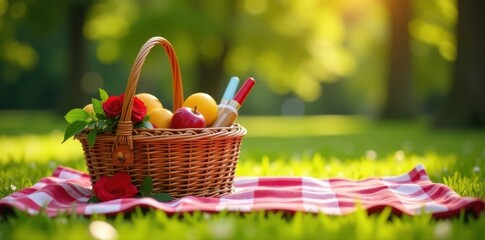 Romantic picnic basket, checkered blanket, park setting, park, happy, bread