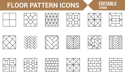 Minimal stroke vector icon collection of floor textures and decorative tiling patterns