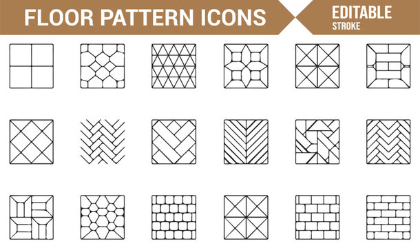 Minimal stroke vector icon collection of floor textures and decorative tiling patterns