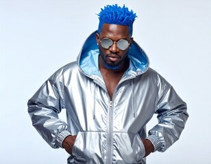 AI Generative Stylish African American Man with Blue Hair in Silver Jacket Posing