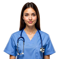 Crisp studio portrait of a confident young female doctor in blue scrubs with a stethoscope, smiling at the camera on a clean white background