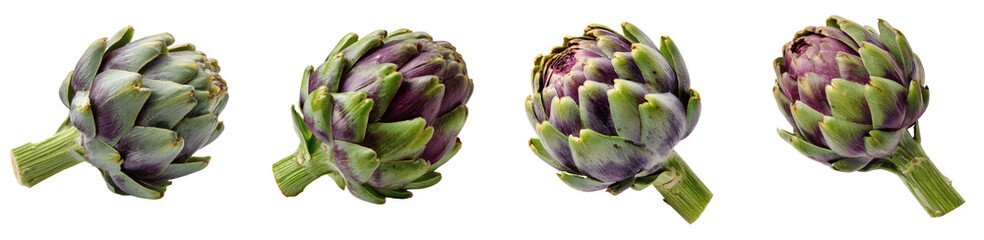 Four Artichokes Displayed From Different Angles Showcasing Freshness and Vibrant Colors PNG set Transparent background