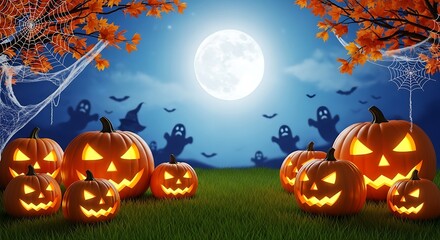 Halloween Pumpkins and Ghosts on Grass Under Full Moon