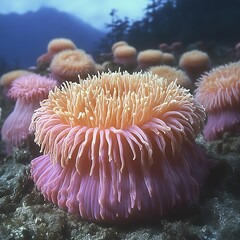 Close-up of numerous vibrant pink and peach-toned anemones clustered on seabed