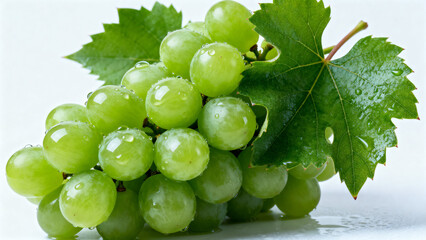 A cluster of fresh green grapes with water droplets and leaves on a white background