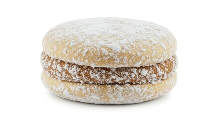 Alfajor coated in powdered sugar isolated on white background for culinary and dessert photography