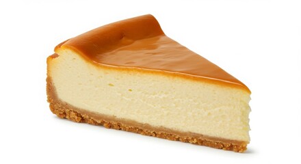 dulce de leche cheesecake slice isolated on white background for dessert or bakery uses