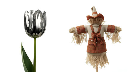 Chrome tulip with paddy field scarecrow isolated on white background for floral decorative rural nature design
