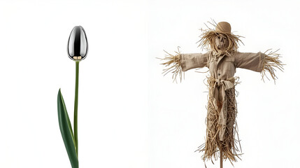 Chrome tulip with paddy field scarecrow isolated on white background for floral decorative rural nature design
