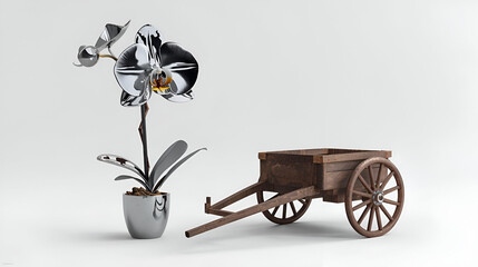 Chrome orchid with ox cart isolated on white background for floral decorative rural traditional design illustration
