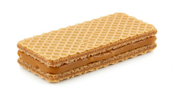 oblea wafer sandwich with caramel filling isolated on white background for dessert or snack photograpy