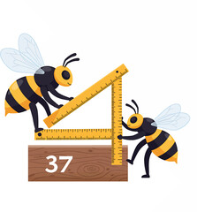 Cartoon Bees Measuring Wood with a Yellow Ruler Vector Illustration.