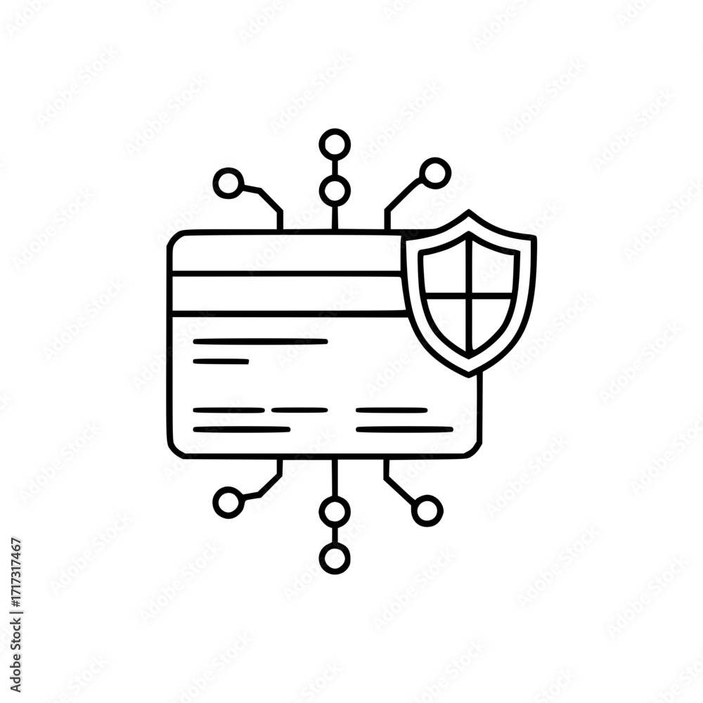 Poster digital credit card icon with shield symbolizing security and protection, concept of neural networks