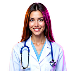 A detailed close-up portrait of a friendly young female doctor with a beautiful smile, wearing a white lab coat and a stethoscope, representing modern healthcare and medical professionals