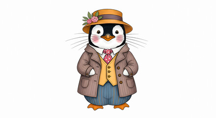 Dapper and whimsical cartoon penguin character, stylishly dressed in a brown suit, waistcoat, and a fedora hat with elegant floral details, a delightful illustration