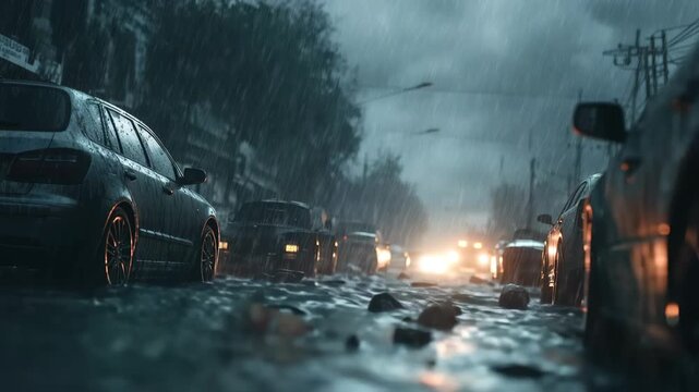 Flooded urban street at night with cars stranded in heavy rain and rising water levels capturing the aftermath of a severe storm event in a city