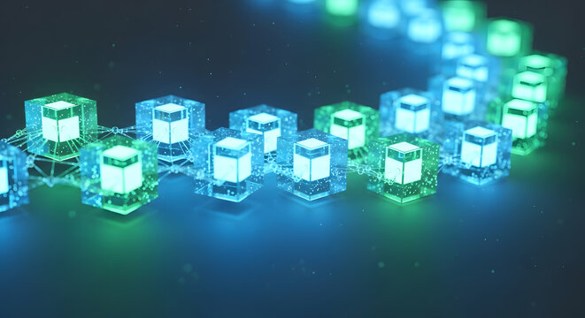 Dynamic interconnected blockchain nodes glowing with futuristic digital data and network connections